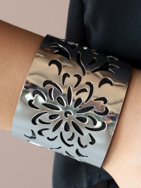 paparazzi Jewelry - GET YOUR BLOOM ON - BLACK LEATHER SILVER TONE FLORAL CUTOUT CUFF BRACELET